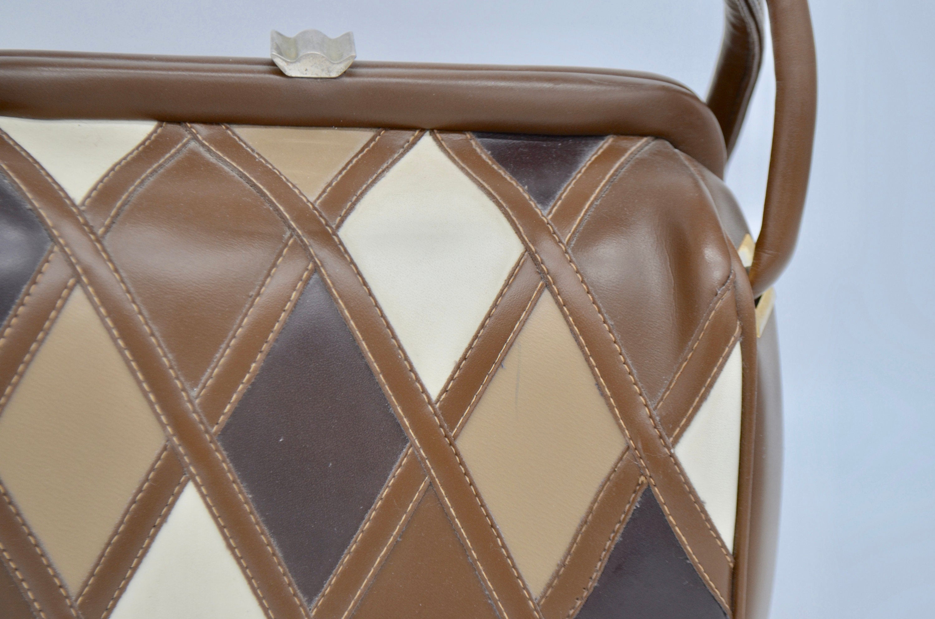 Mod Patchwork Leather Doctor Mini Purses Tan Beige Brown Dulles Bag Miniature Carry On