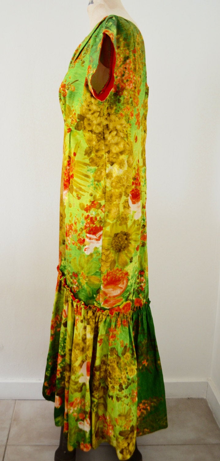 70S Elsie Krassas Designer Dress Hawaiian Watteau Train Light Green, Orange, Gold, White Floral