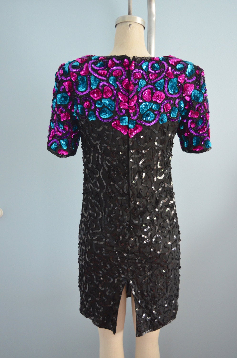 Avant Garde Black Silk Sequins Dress With Shoulder Colorful Details By Cougar Vintage Shop Avant Garde Black Silk Sequins Dress With Shoulder Colorful Details By Cougar Vintage Shop