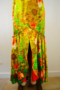 70S Elsie Krassas Designer Dress Hawaiian Watteau Train Light Green, Orange, Gold, White Floral