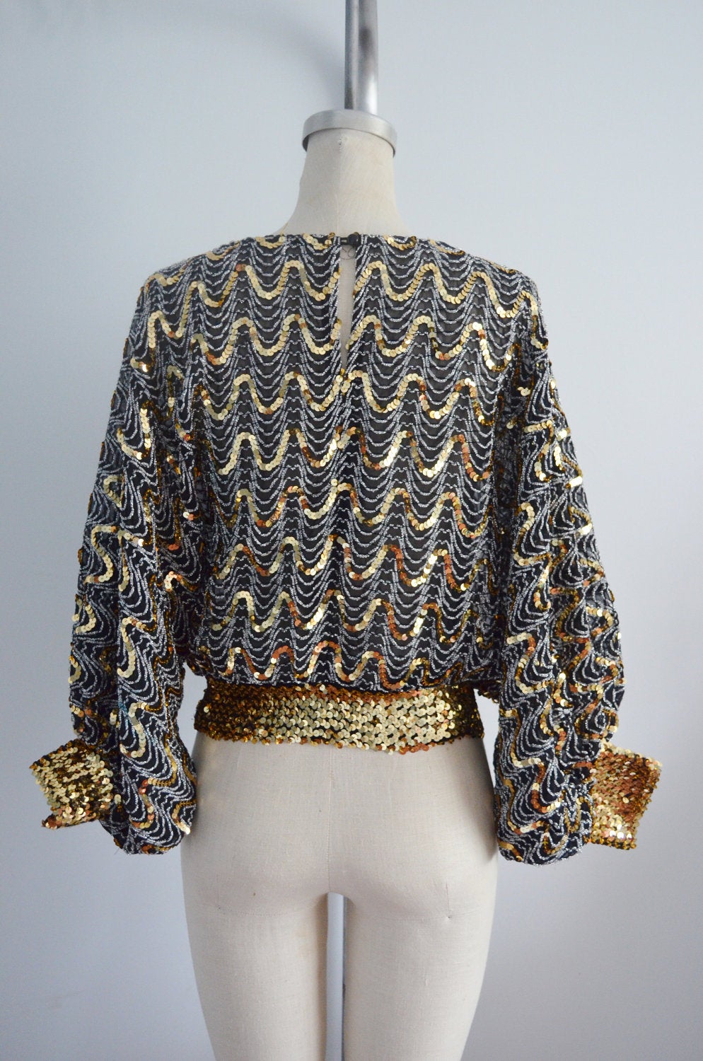 70S Glam Sequined And Beaded Batwing Disco Top Blouse Metallic Black & Gold