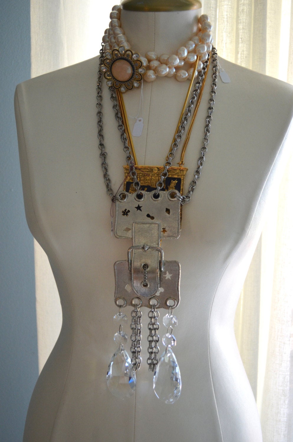 70's Silver Plated Brass Buckle Chain-Link Necklace With Tear Drop Swarovski Crystals