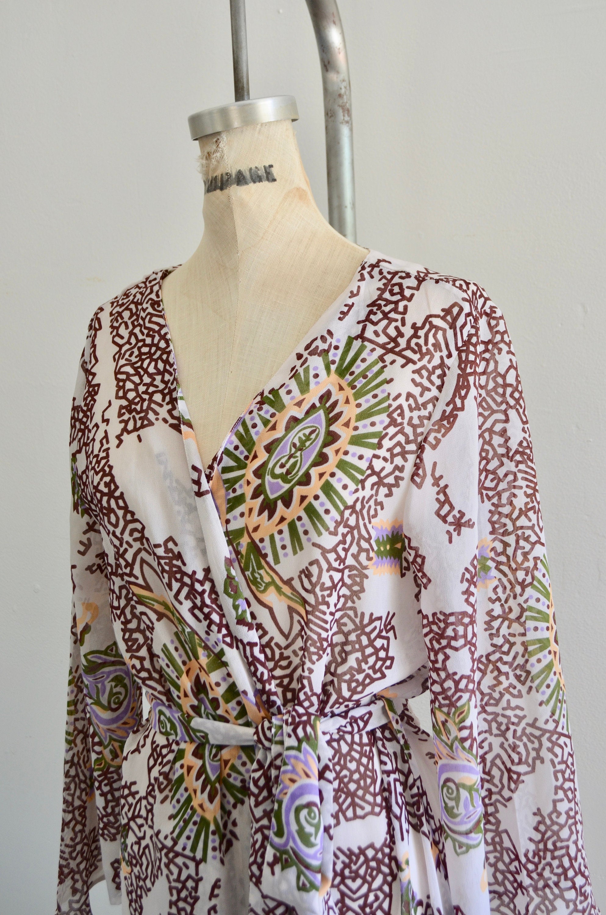 1970S Paisley Original Anthony Long Maxi Transparent Dress Kimono Kaftan Designer With Belt