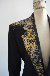 Black Cropped Tuxedo Jacket Tailored With Gold Print Design After Six Collared Formal Elegant Spring