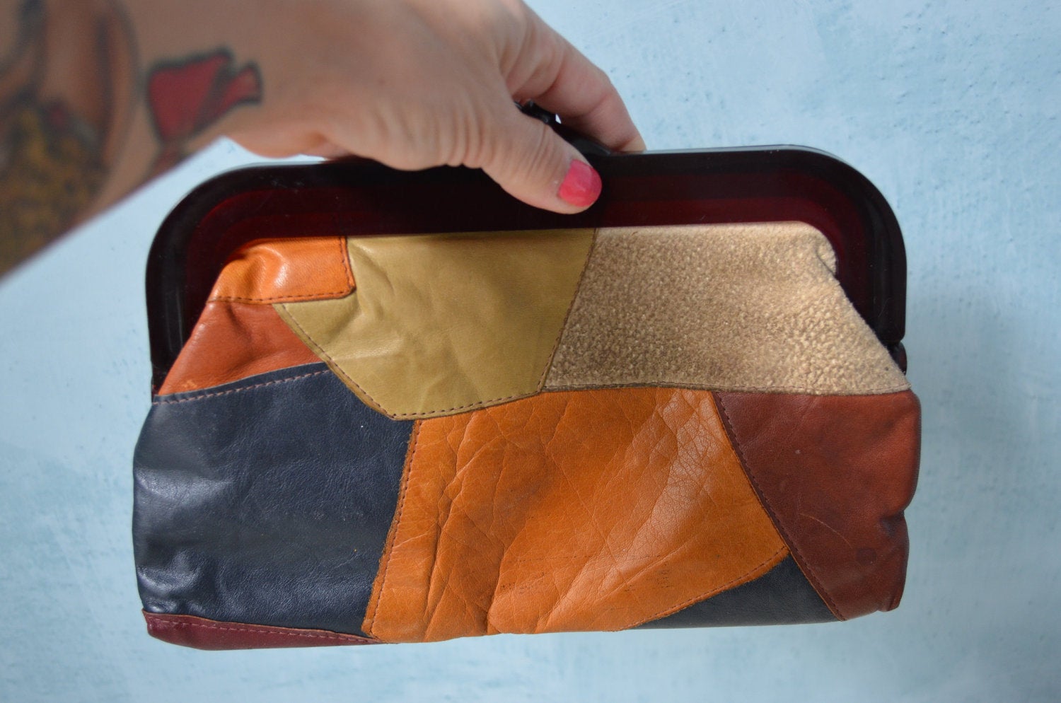 70S Patchwork Boho Chic Woodstock Leather Clutch Bohemian Bag Style