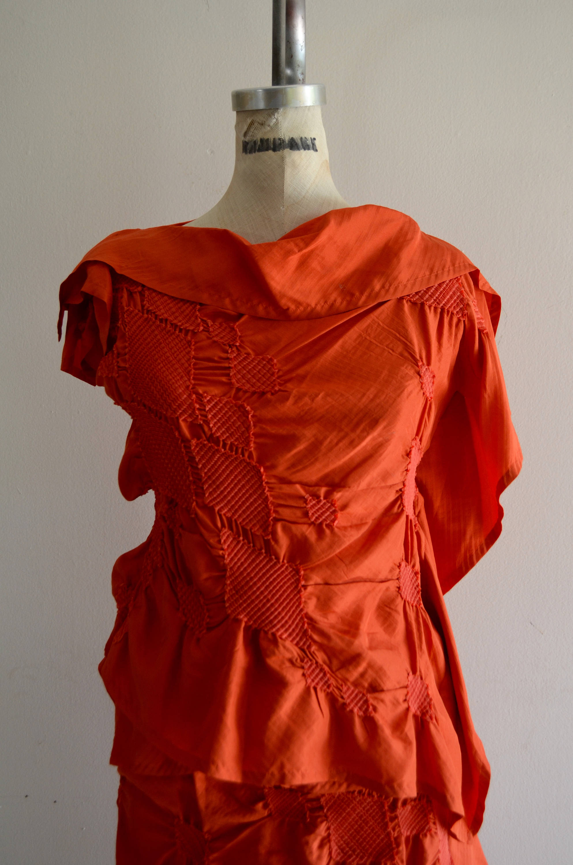 1990S Issey Miyake Silk Asymmetrical Plisse Patchwork Pleated Ruffle Orange Matching Skirt