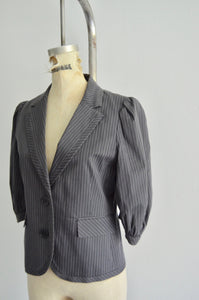 Bcbg Maxazria Cropped Puff Sleeve Blazer Gray Cream Striped Top Blouse Tailored Fashion Designer