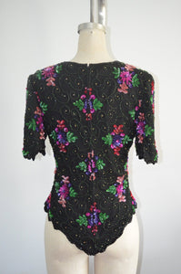 Minimalist Sequins Laurence Kazar Floral Sequined Beaded Silk Top Blouse
