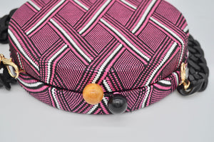 Round Circle Pink Striped Chevron Fabric Hard Mini Crossbody Bag Black Acrylic Chain Handbag