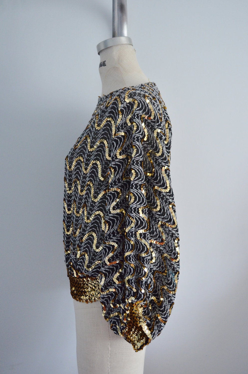 70S Glam Sequined And Beaded Batwing Disco Top Blouse Metallic Black & Gold