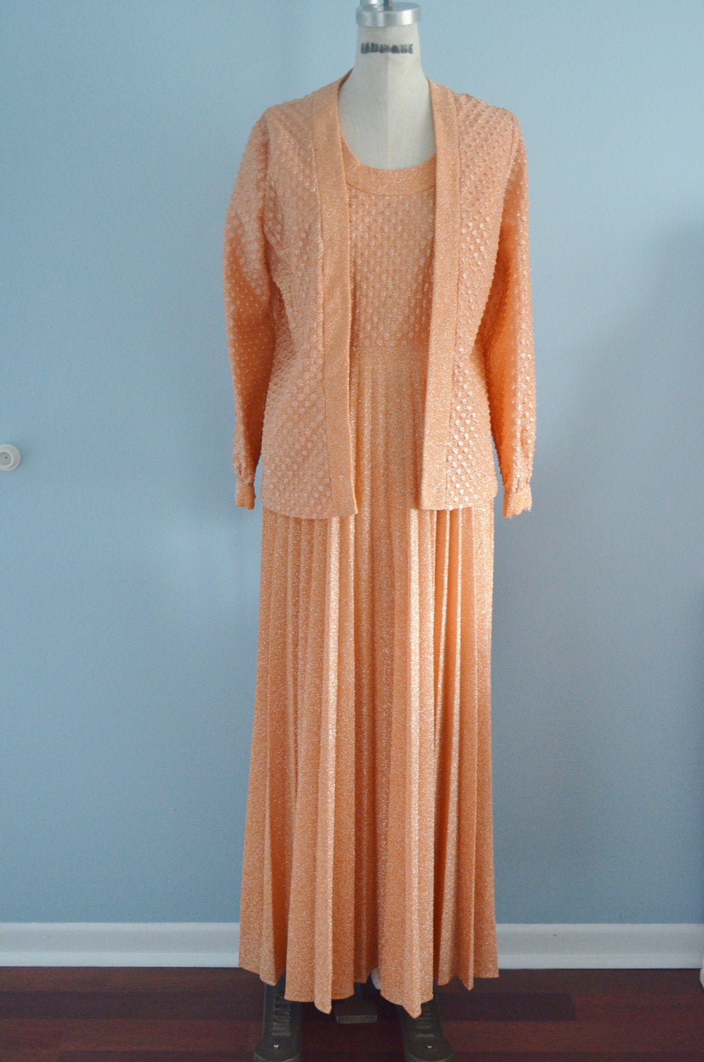 60/70S Mad Men Peach Lurex Glittery Sparkle Long Dress W Matching Jacket