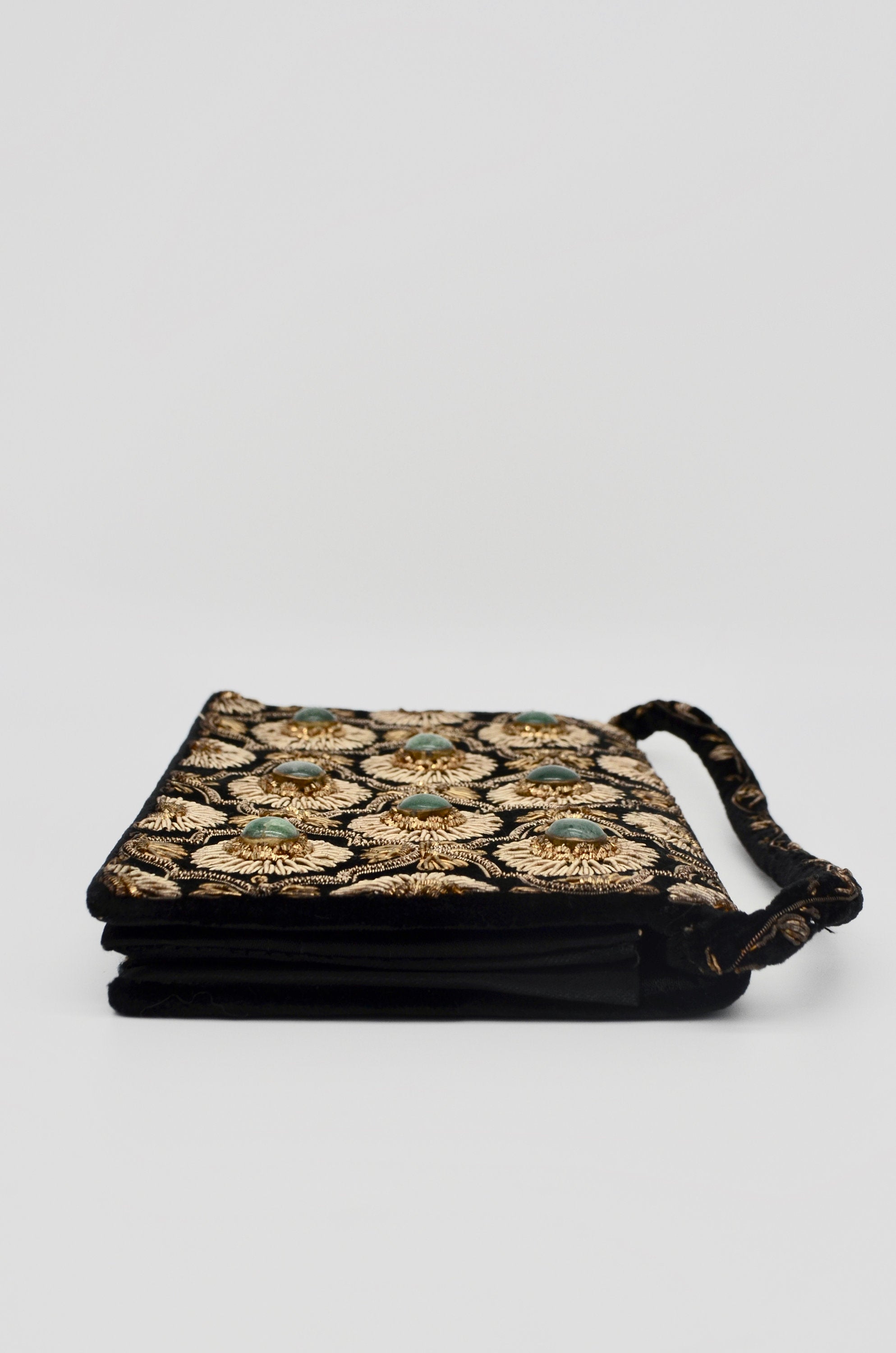 1930S Black Velvet Mini Handbag Emerald Stones With Beaded Metallic Gold Embroidered India
