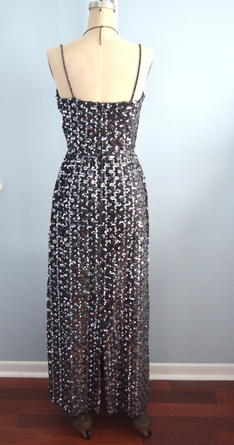 70's Lurex Knit Sequined Black & Silver Long Cocktail Dress