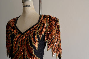 Lillie Rubin Sequin Bra Cup Bronze Leaf Dress Peter Pan Sleeves V Open Back Style