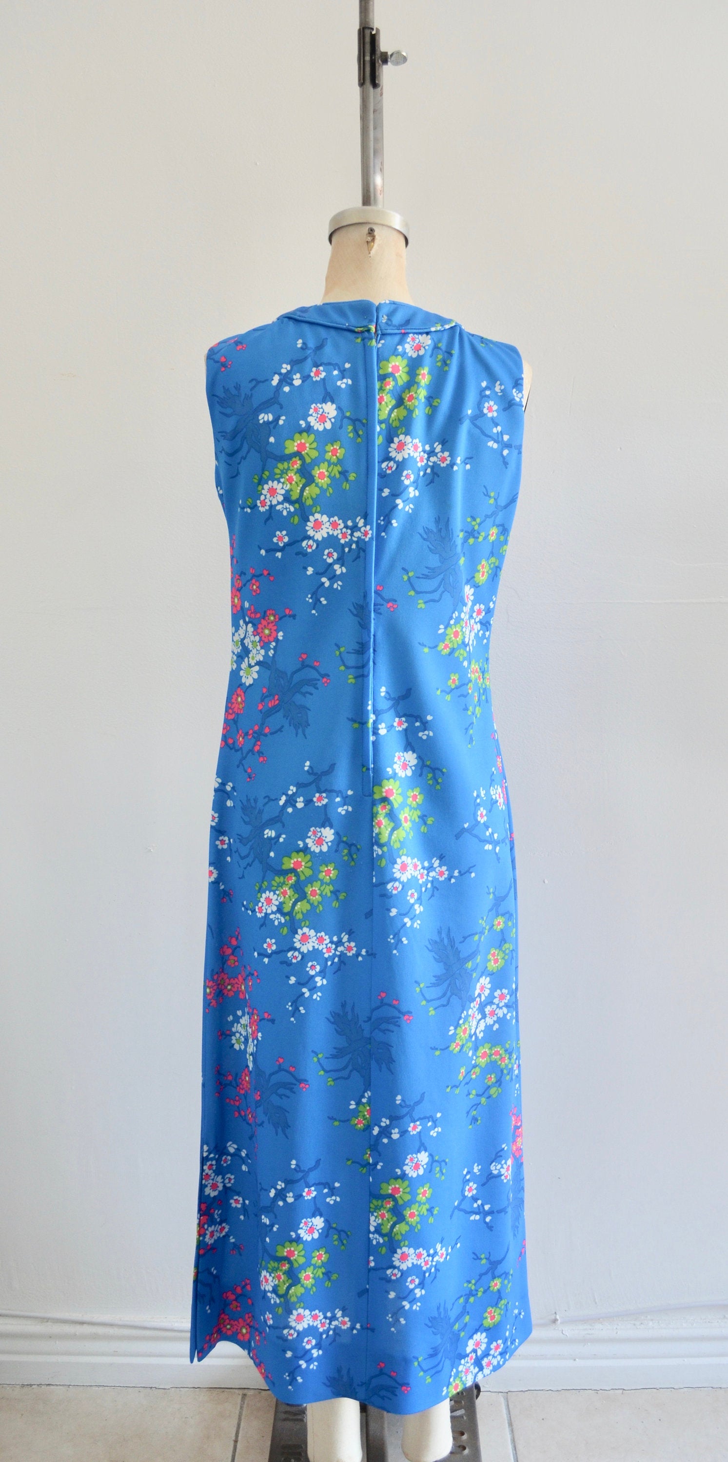 Ceeb Of Miami Label 1970S Boho Chic Cheongsam Floral Garden Blue Spring/Summer Sheath Long Dress