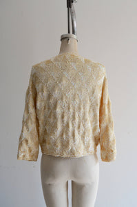 Off White Sequin Bomber Cropped Sweater Jacket Blouse Diamond Pattern Collection 1960