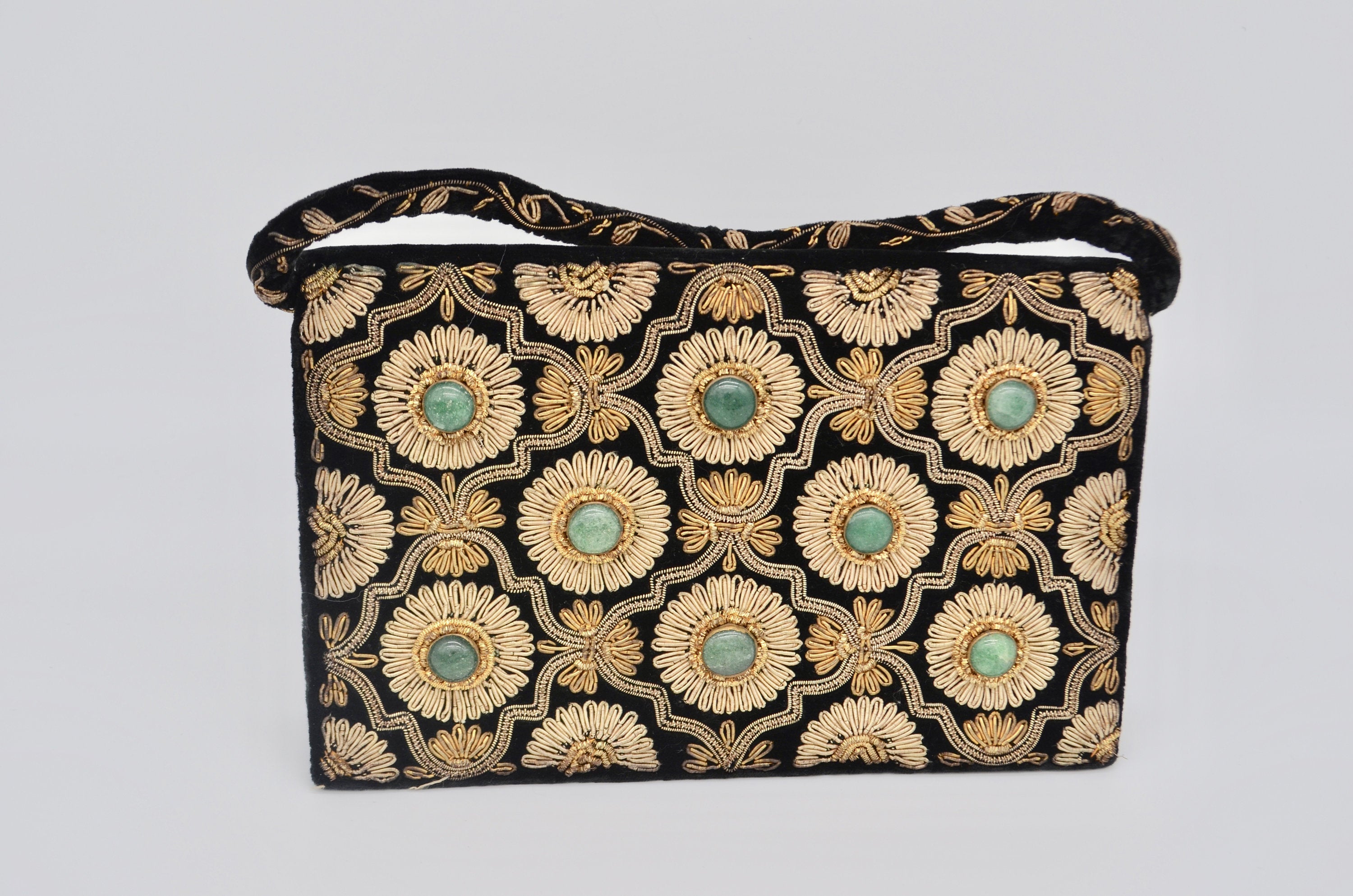 1930S Black Velvet Mini Handbag Emerald Stones With Beaded Metallic Gold Embroidered India