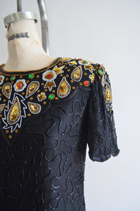 80S Denise Elle Paisley Sequined Design Beaded Silk Top Peacock Eye Jewelry Blouse Formal