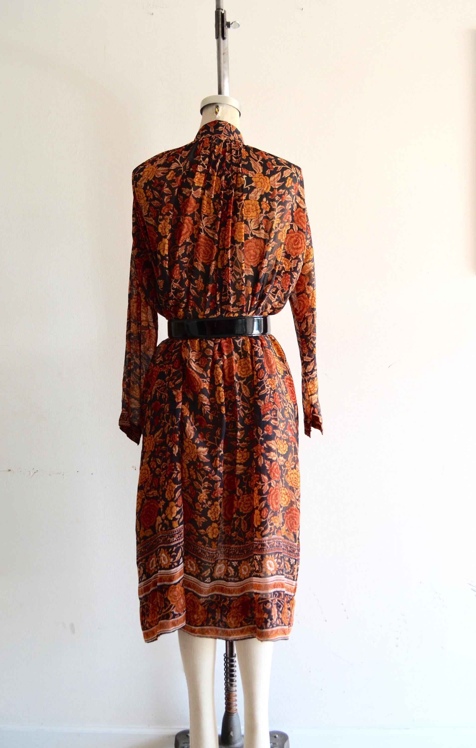 1970S Lillie Rubin Floral Paisley Bohemian Paper Thin Sheer Silk Indian Hand-Block Print Maxi Dress