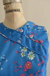 Ceeb Of Miami Label 1970S Boho Chic Cheongsam Floral Garden Blue Spring/Summer Sheath Long Dress