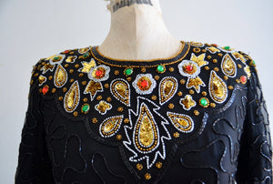 80S Denise Elle Paisley Sequined Design Beaded Silk Top Peacock Eye Jewelry Blouse Formal