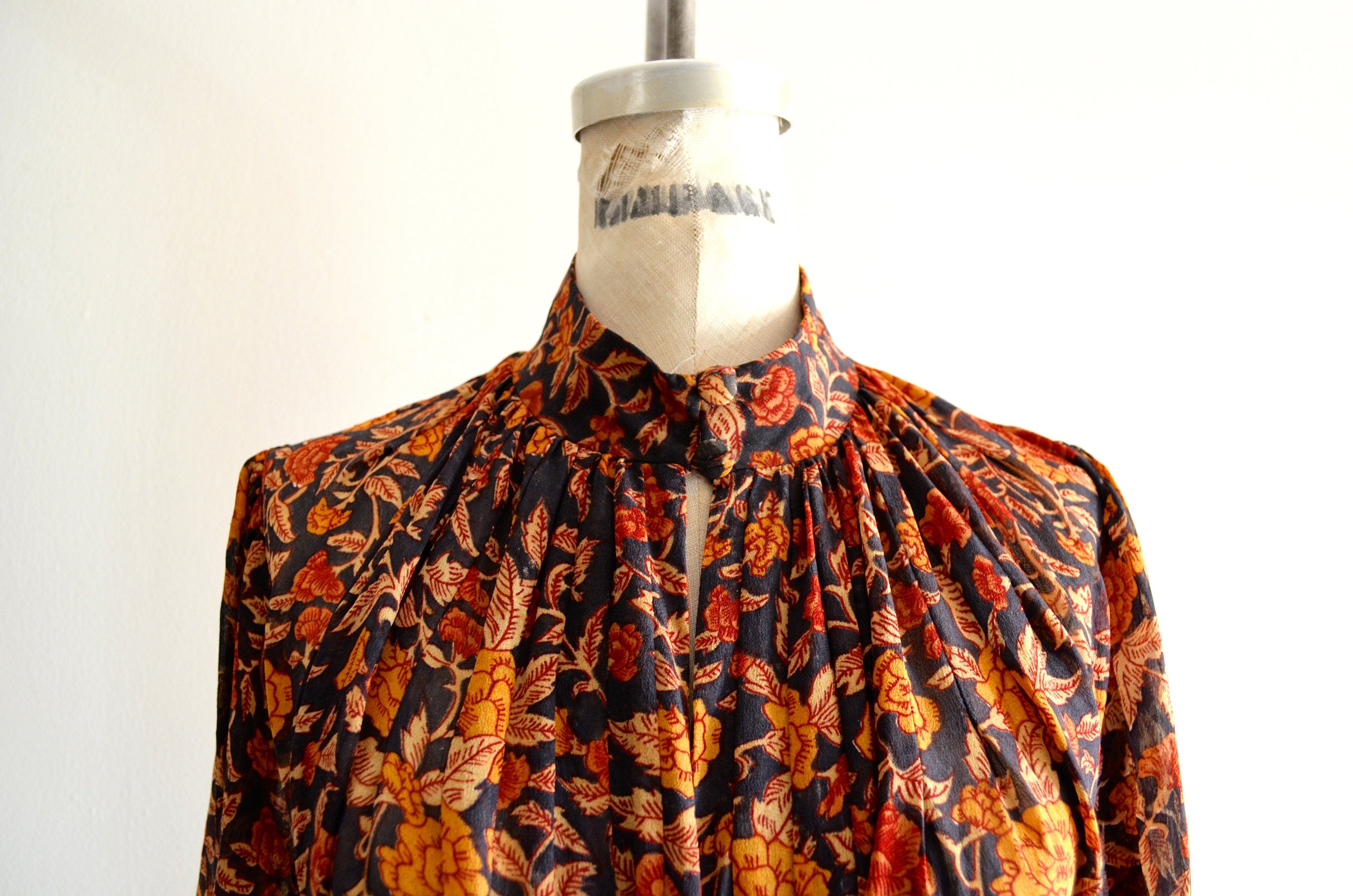 1970S Lillie Rubin Floral Paisley Bohemian Paper Thin Sheer Silk Indian Hand-Block Print Maxi Dress