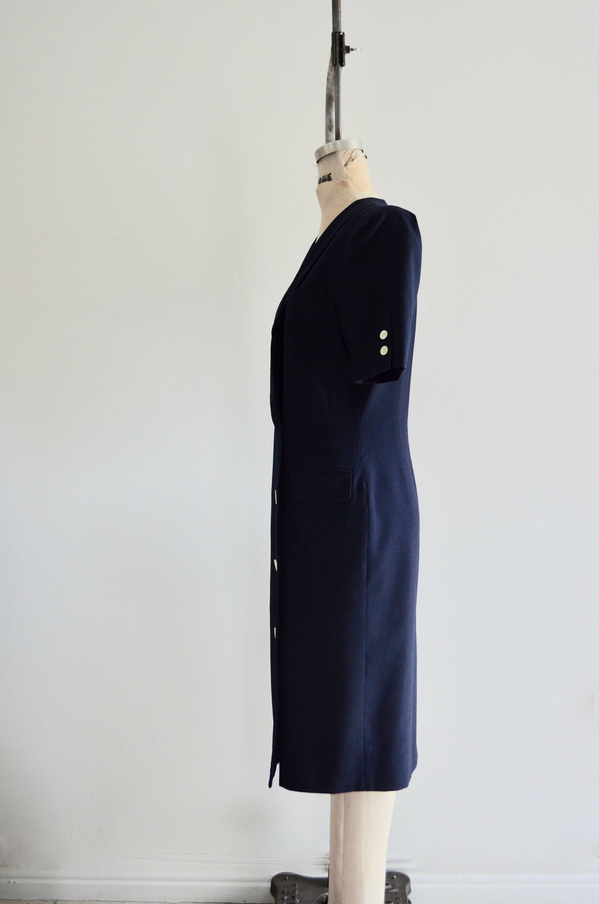 1980S Blazer Dress By Sarah Taylor Navy Button Down Shirt Dress With Linen Shoulder Pads Linen