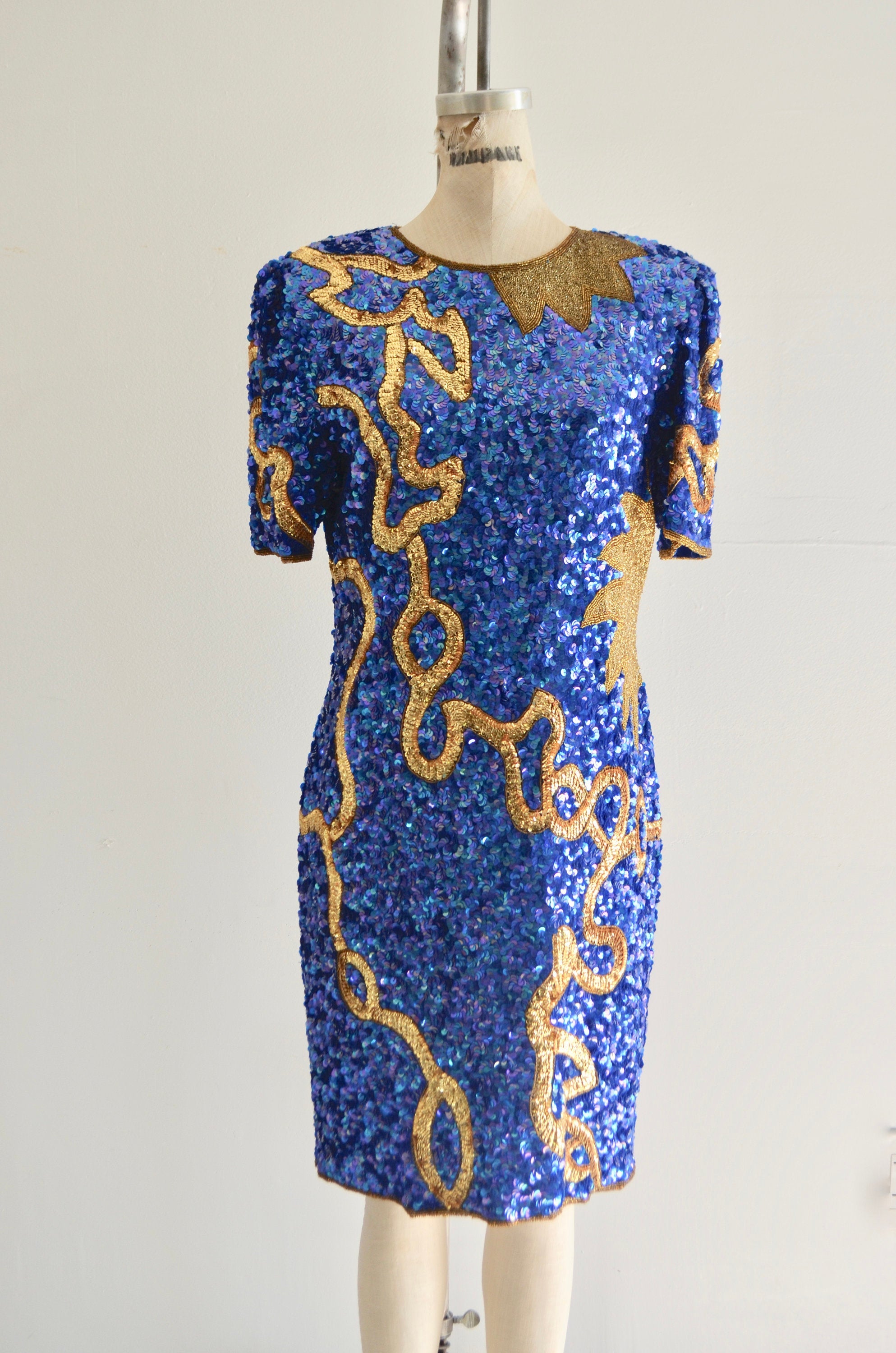 laurence kazar new york silk dress Laurence Kazar NewYork 100% Sequin Silk Dress Black Floral Large Formal Lined