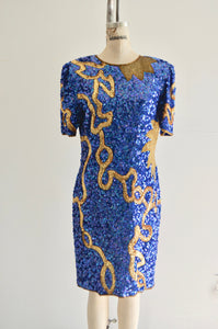 Laurence Kazar Blue Purple & Gold Sequined Silk Sun Star Dress Short Sleeve Party Cocktail Dress