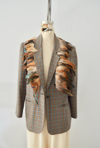 1990S Reworked Classic Houndstooth Blazer Iris Apfel Iron On Tassel Rooster Feathers Shoulder Pads