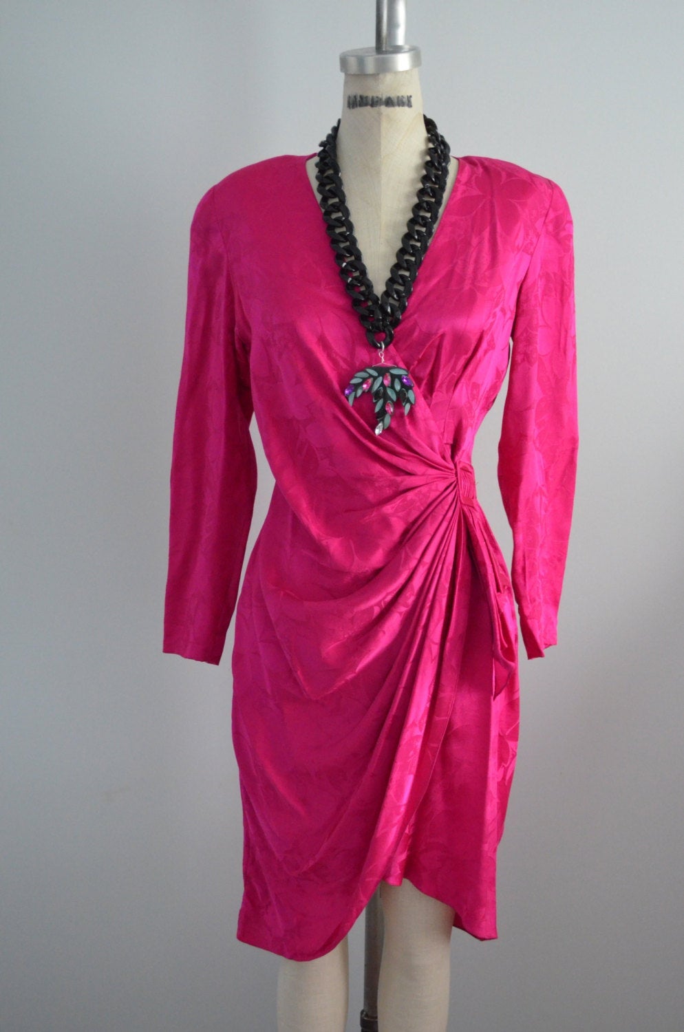 80S Hot Pink Ruched Wrap Jacquard Silk Secretary Dress By Silk Studio Small 80S Hot Pink Ruched Wrap Jacquard Silk Secretary Dress By Silk Studio Small