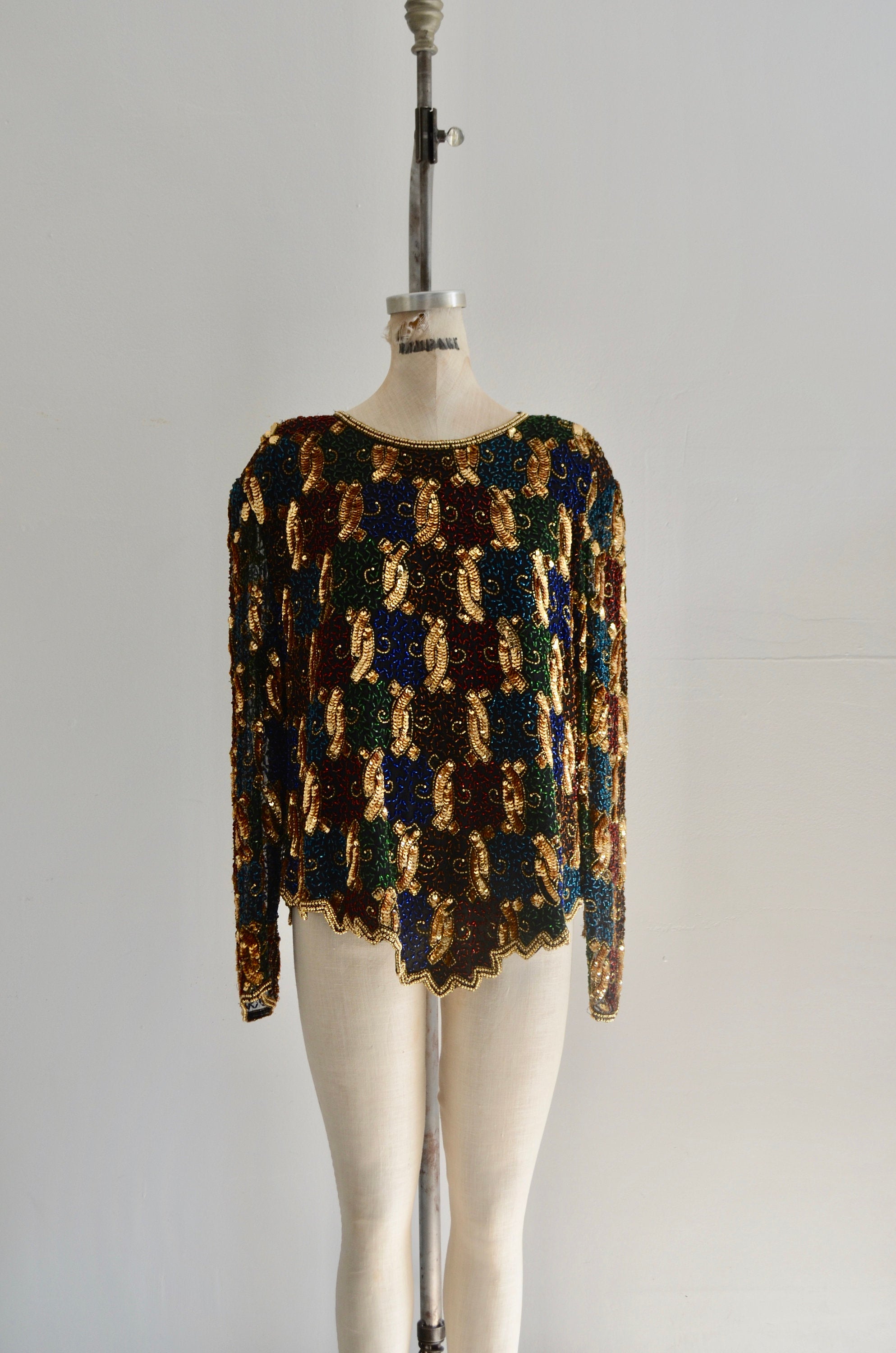 Multicolor Gold Sequin Coiled Flower Beaded Scallop Dolman Sleeve Silk Top Blouse
