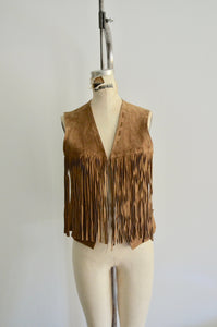 1970S Western Bohemian Toffee Color Leather Fringe Vest Suede Boho Chic Extra Long