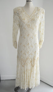 Off White Bohemian Bride Sequins And Floral Lace Wedding DressLong Sleeve Xs