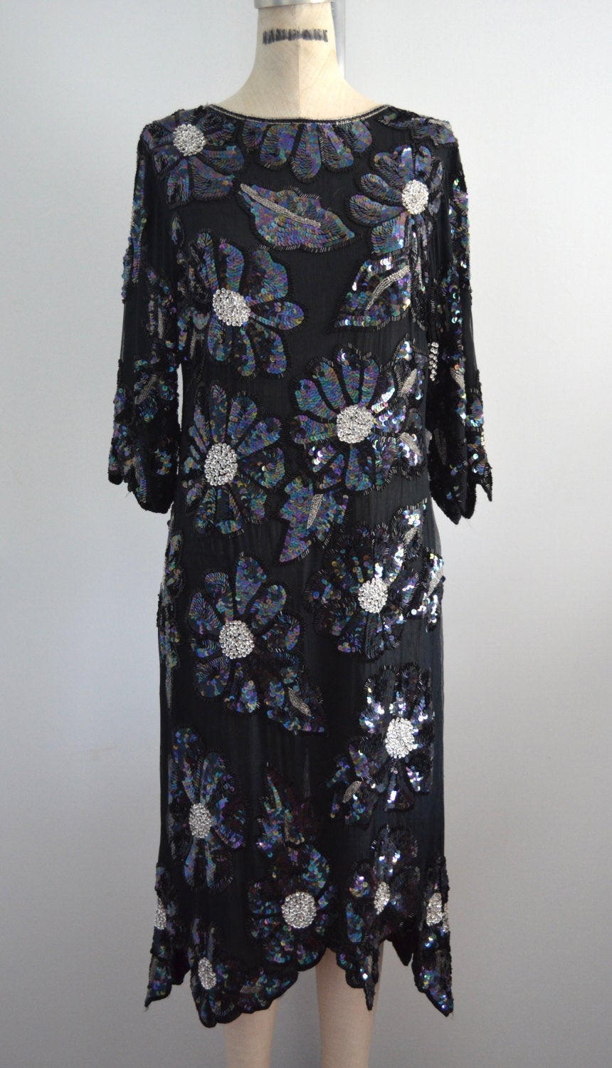 Glam 80S Silk Black Floral Daisy Sequined Scalloped Hand Woven Party Dress