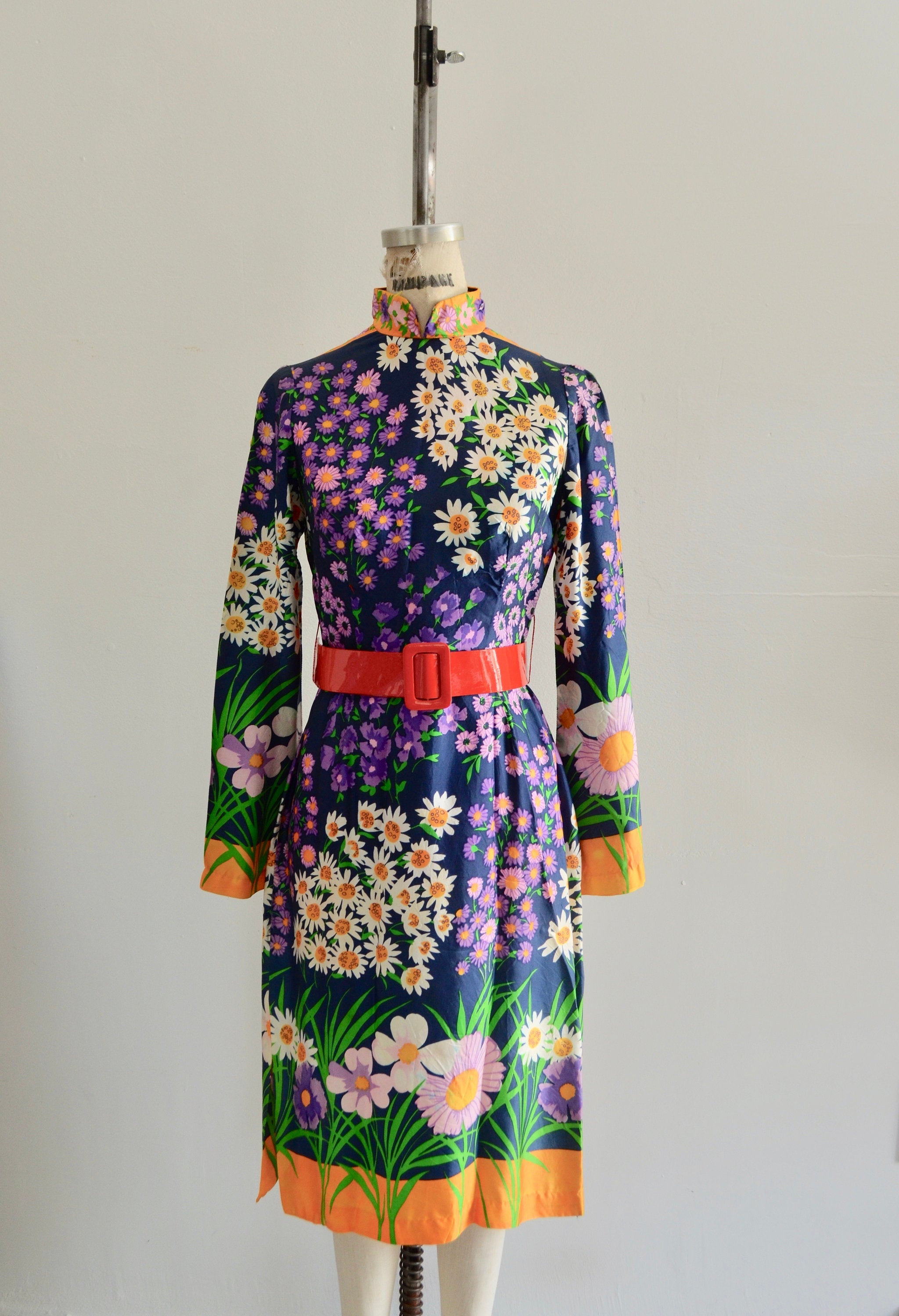 1970 Mod Lillie Rubin Psychedelic Floral Print Maxi Tunic Cardigan Matching Set Dress Twiggy