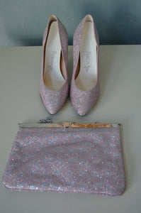 Mad Men Silver Antique Pink Brocade Wedding Stiletto Pumps Shoes And Purse Clutch Set 6 B