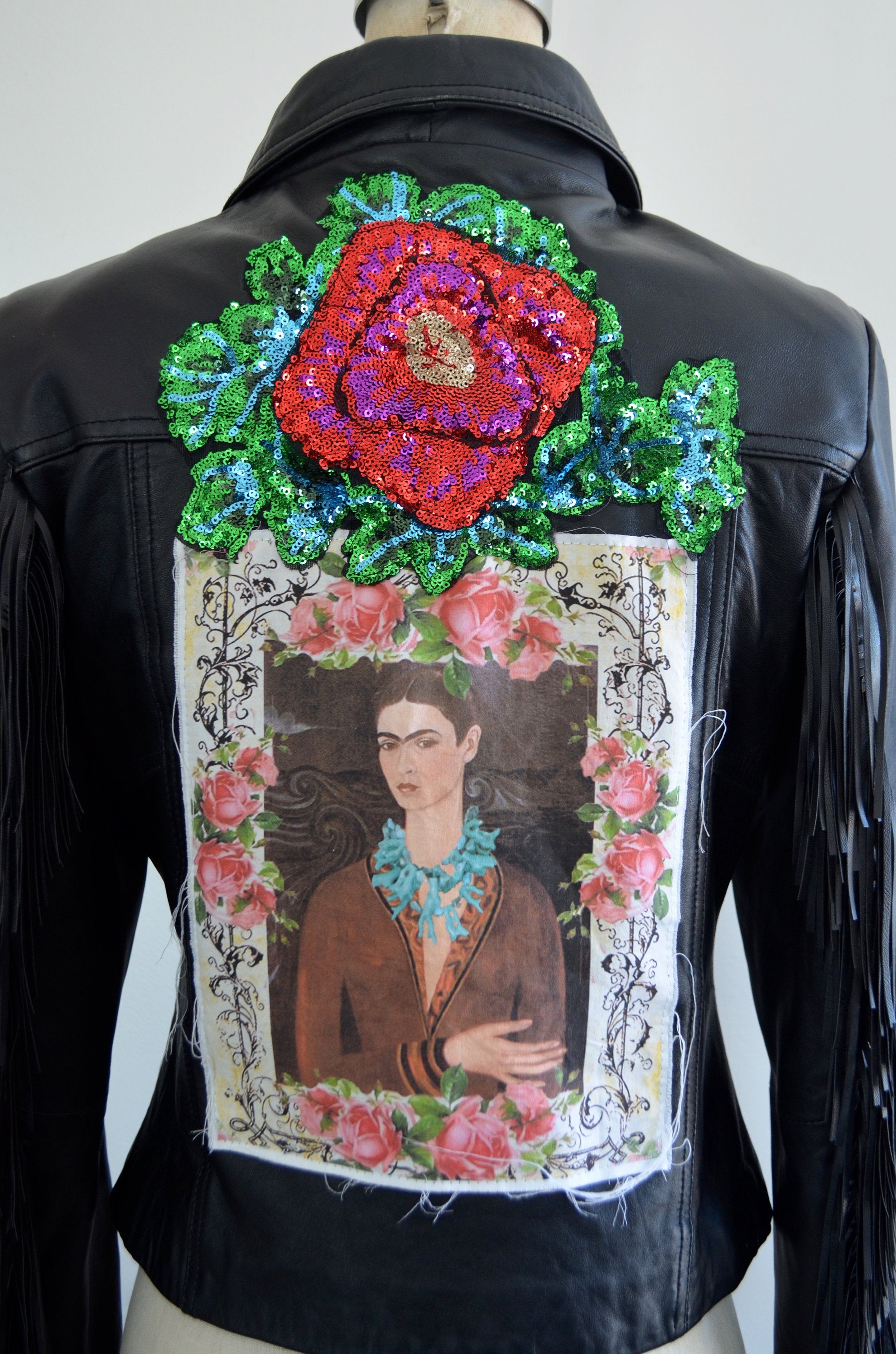 1990S Leather Fringe Moto Bike Frida Khalo Pink Roses Jacket Blazer Multicolor Sequins Floral