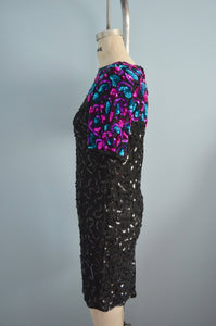 Avant Garde Black Silk Sequins Dress With Shoulder Colorful Details By In Fashion