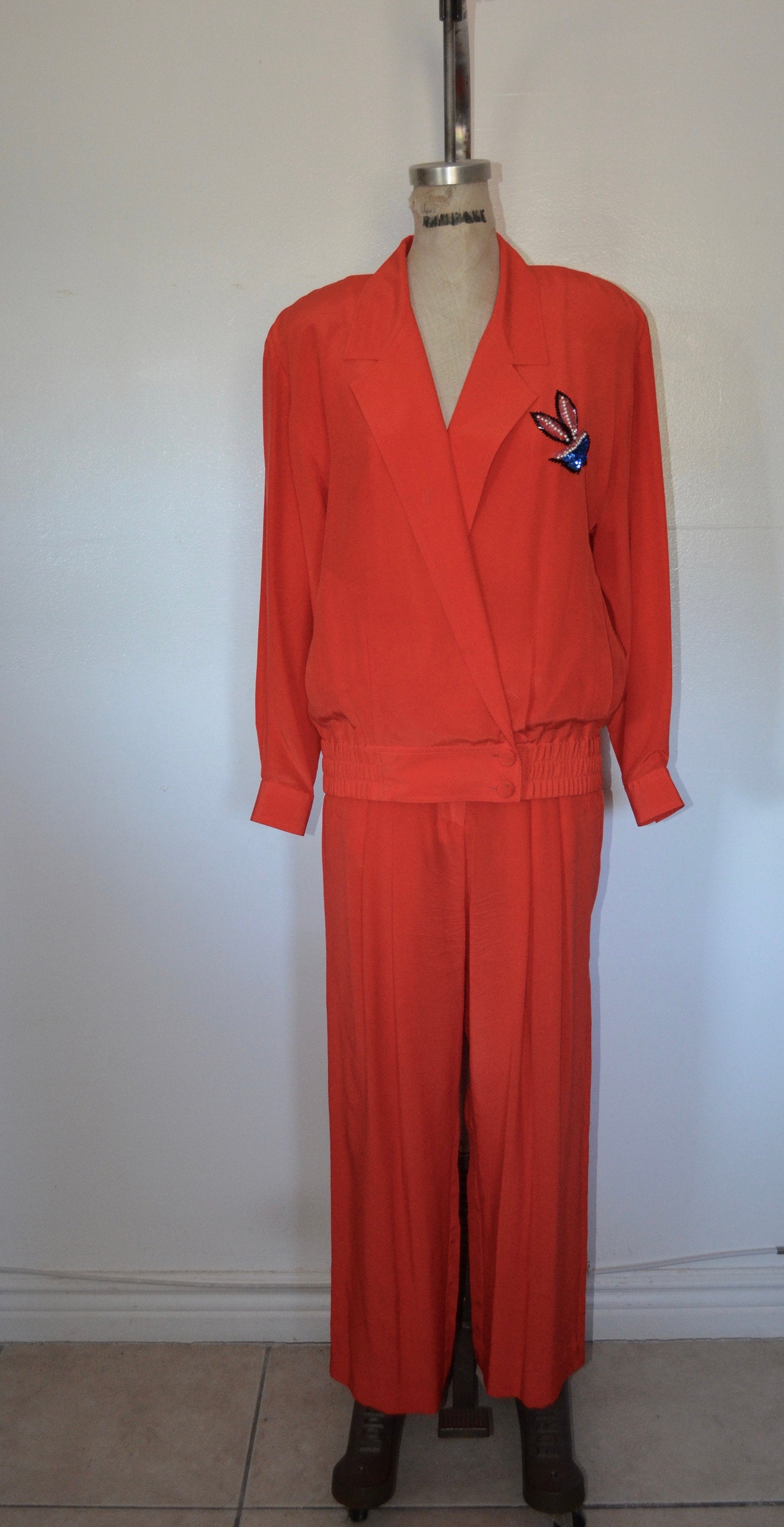 Lillie Rubin Silk Sequins Orange 2Pcs Pants Suit Bold Bomberjacket Set Wide Leg High Waist