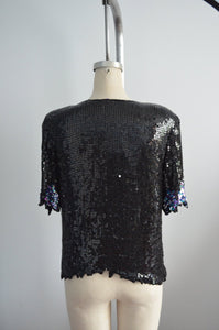 Bejeweled Sequined Scalloped Leaves Edge Top Blouse Short Sleeve