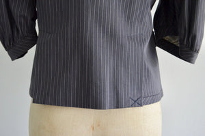 Bcbg Maxazria Cropped Puff Sleeve Blazer Gray Cream Striped Top Blouse Tailored Fashion Designer