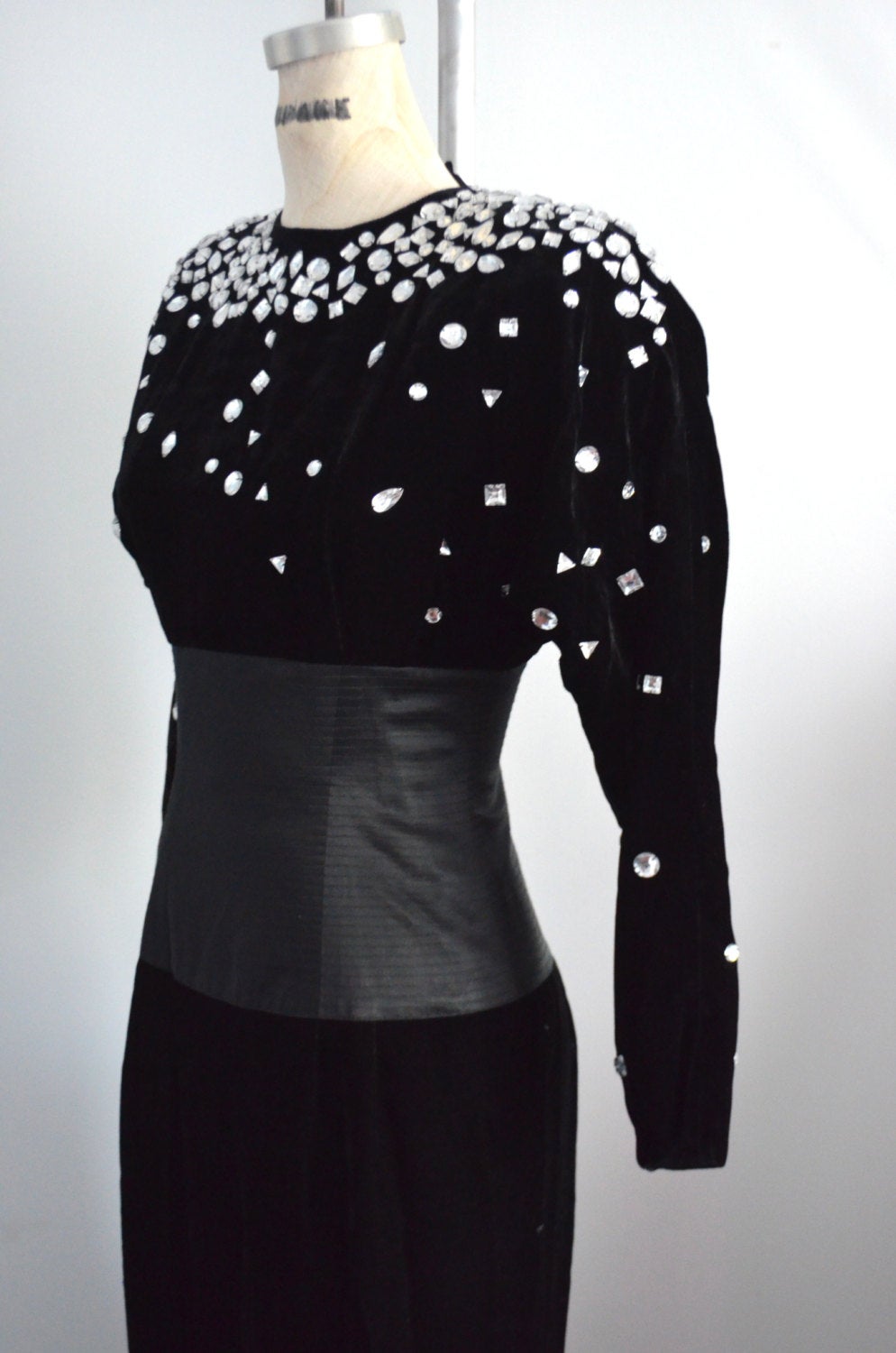 Black Velvet Velour Bejeweled Dress With Crystals Mid Length 1980S
