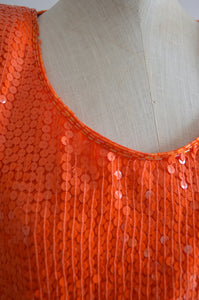 80S Jewel Queen Sequin Neon Orange Shimmer Sparkle Silk Top Slouchy Blouses Shoulder Pads