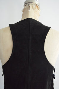 1970S Western Bohemian Black Color Leather Fringe Tank Vest Suede Boho Chic Extra Long Jacket