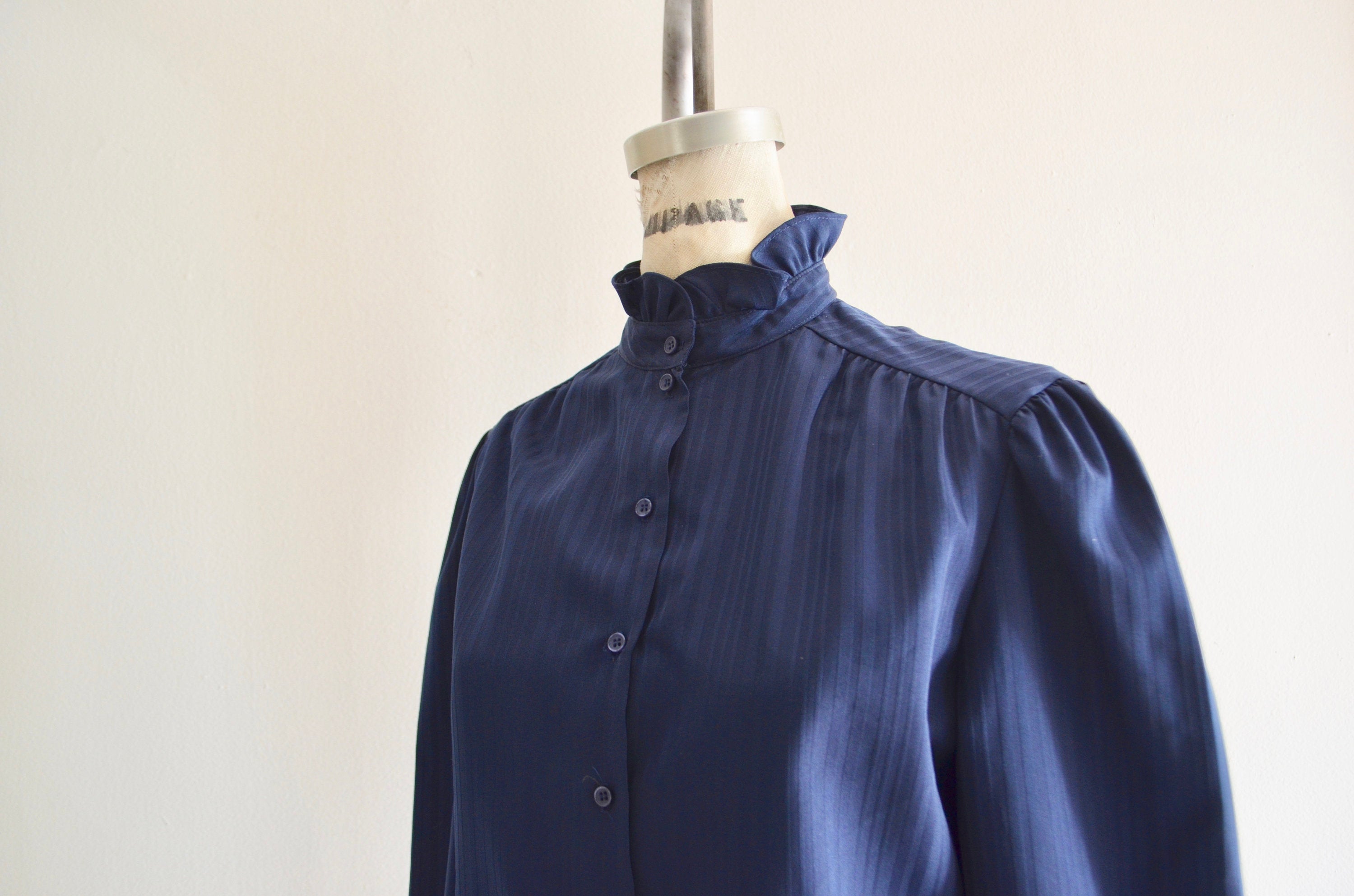 Renaissance Romance Blue Navy Lady Like Bow Tie Ruffled Button Down Shirt Fashion