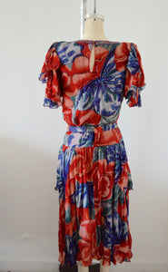 Tropical Garden Silk Set Skirt Pattern Fully Sequined Top Skirt Red, Blue And White Floral Sequin