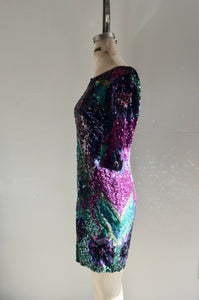 Black Tie Adrianna Papell Designer Multi Colored Sequined Beaded Silk Dress Prom Bridesmaid