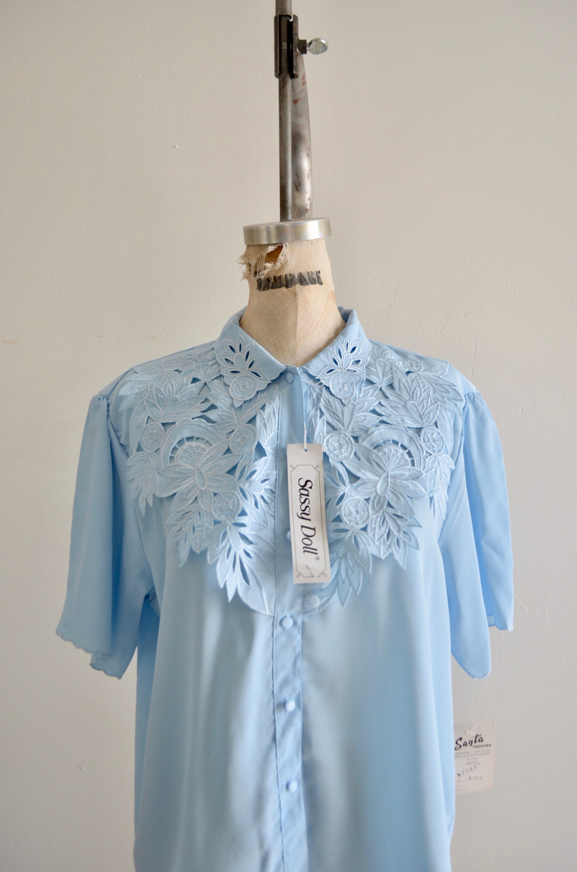 Nwt 90S Sassy Doll Light Blue Laser Cut Front Top Guipure Lace Collar Blouse Button Shirt