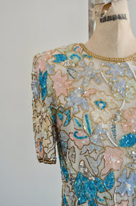 Laurence Kazar White Multicolor Floral Roses Sequined Beaded Pearl Silk Top Scalloped Hem Blouse
